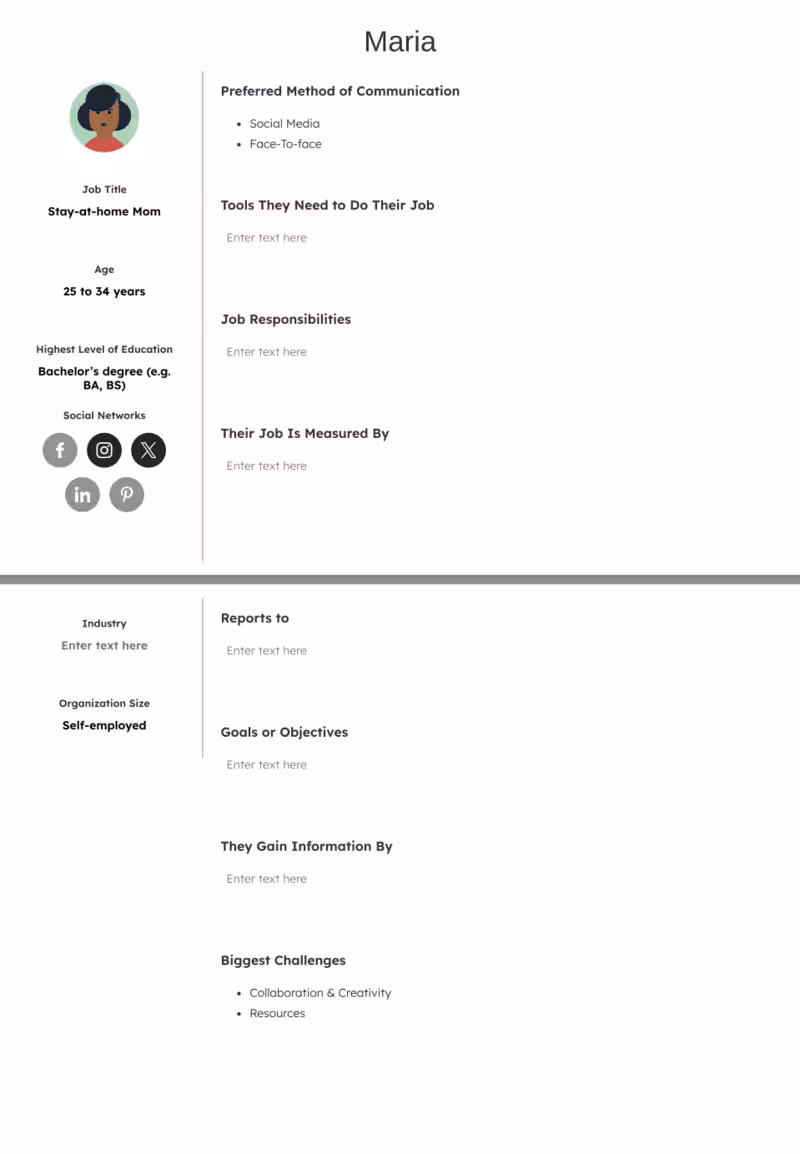 Maria’s user persona profile.