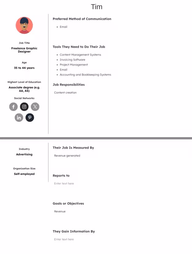 Tim's User Persona Profile.