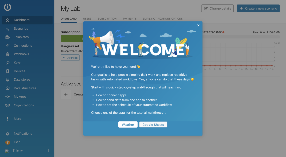 integromat welcome page
