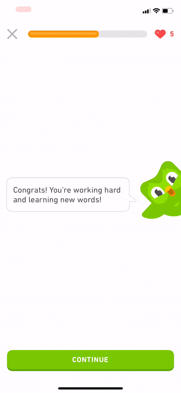 Duolingo’s onboarding animation motivates the user to continue the flow.