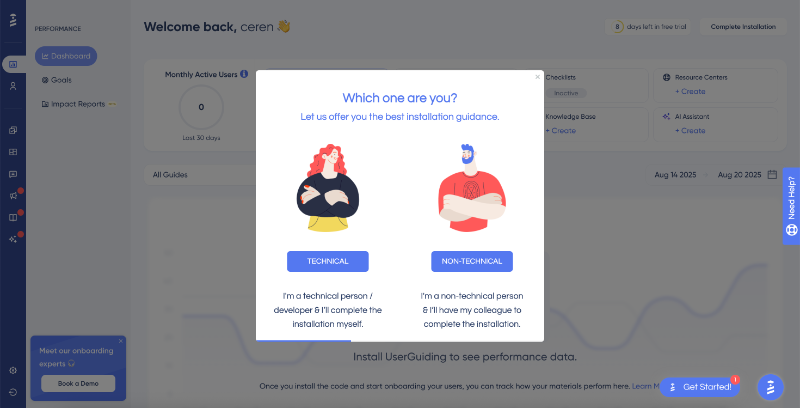 UserGuiding’s installation tutorial is personalized based on the employee’s technical knowledge.