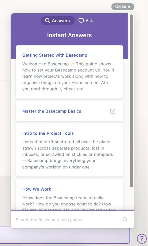 Basecamp’s in-app resource center.