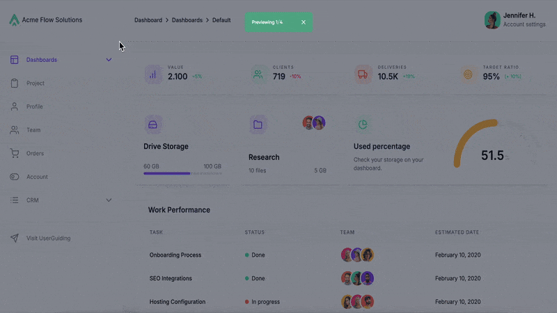 An example dashboard tour with tooltips.
