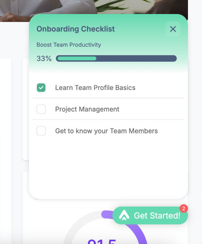 An example onboarding checklist with interactive guides and a progress bar, created with UserGuiding.
