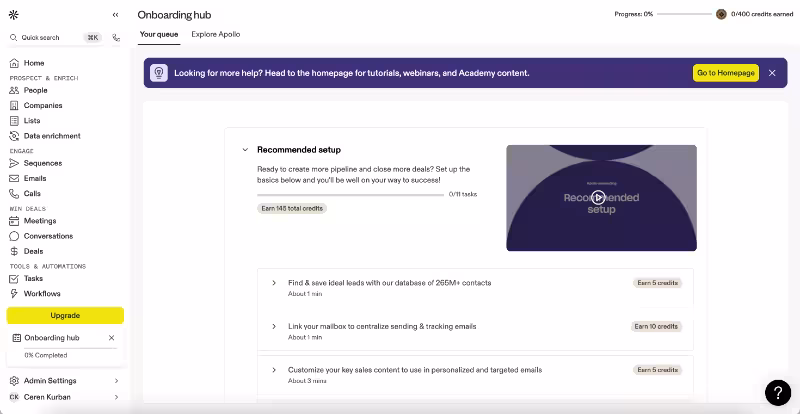 Apollo’s checklist in the in-app onboarding hub.