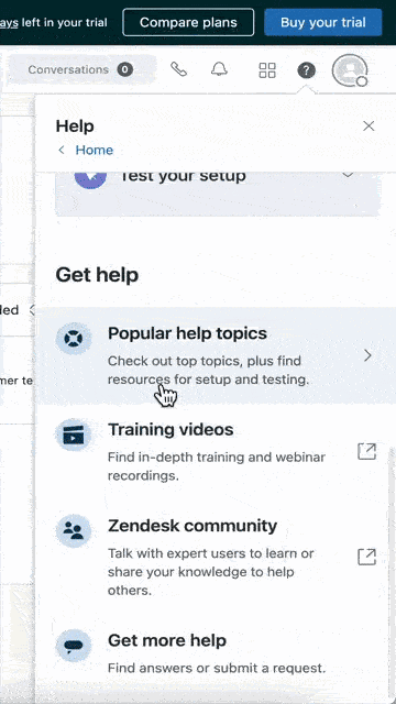 Zendesk’s in-app resource center with different help materials.