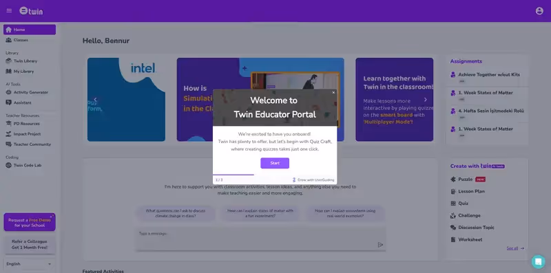 Twin Science’s welcome modal from their initial product tour.