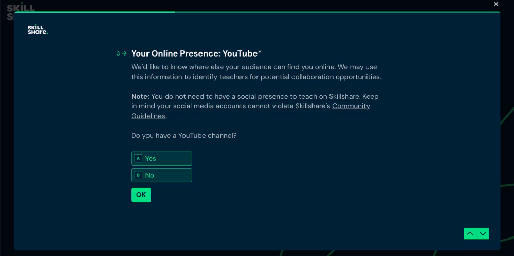 An example question from Skillshare’s onboarding survey for new instructors.