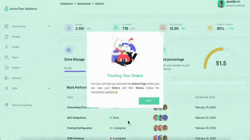 An example dashboard tour created with UserGuiding.