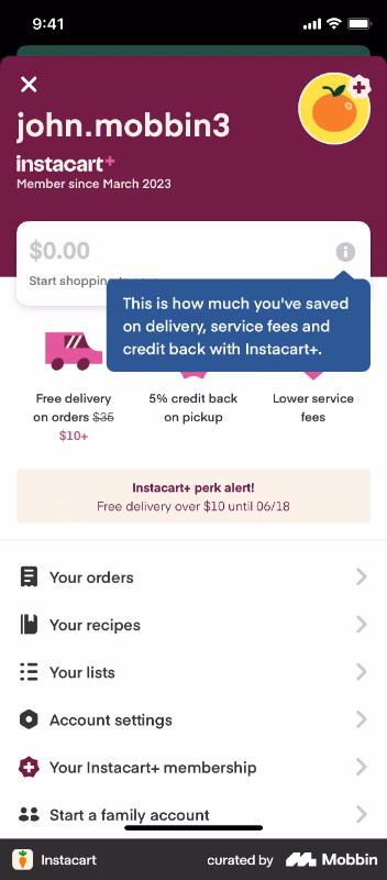 Instacart’s tooltip that contextualizes savings dashboard.