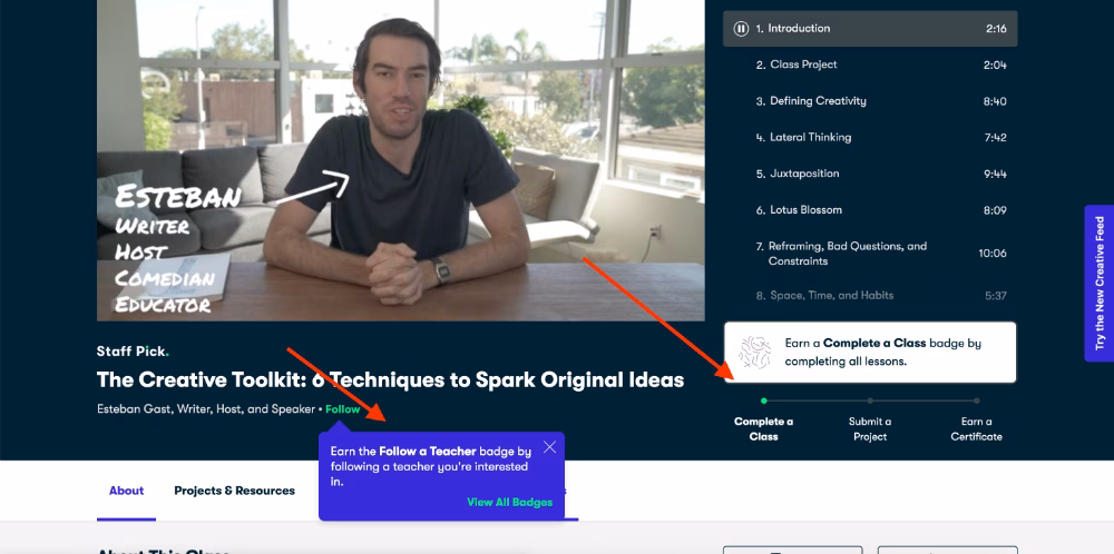 Skillshare introduces badge opportunities with tooltips and progress trackers.