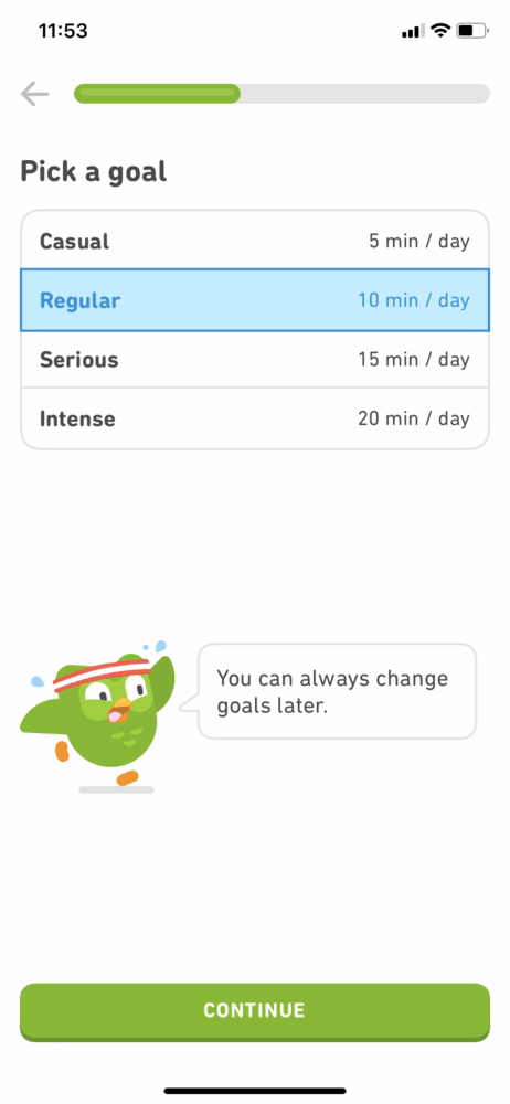 Duolingo makes you pick a goal to personalize lessons.