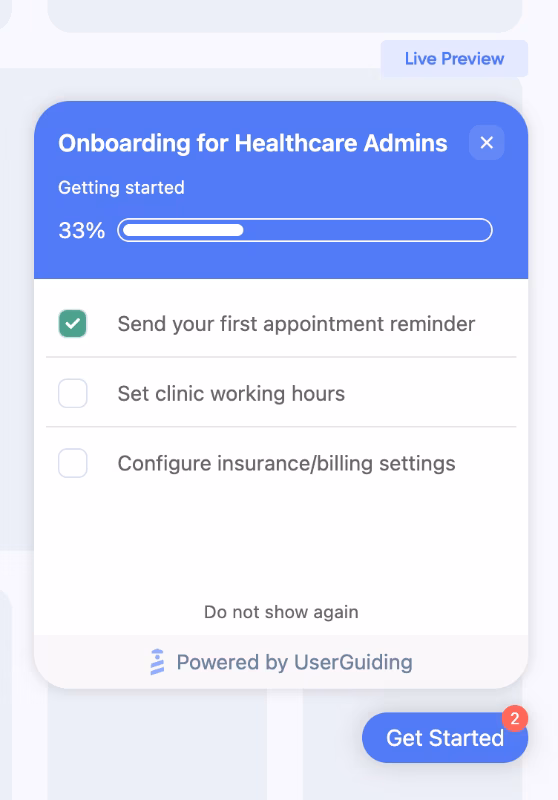 An example checklist with interactive guides and a progress bar, created with UserGuiding.