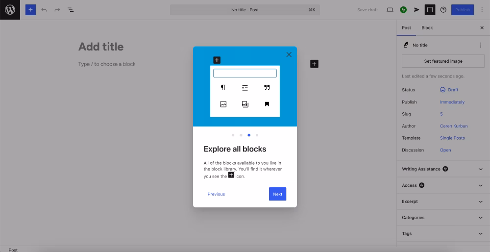 An example step from WordPress’ pop-up guide.