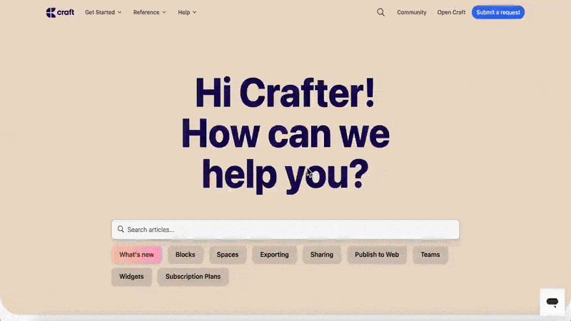 Craft’s help center with tags, search bar, featured topics, and videos.