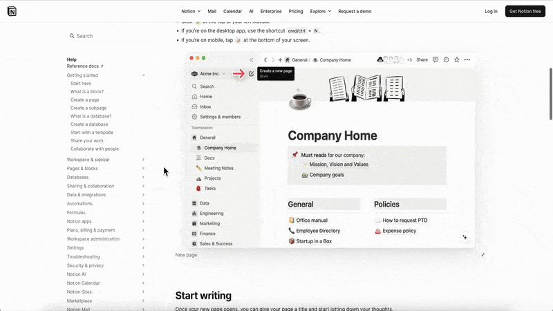 Notion’s guide on how to create a page.