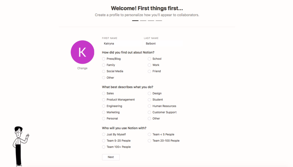 Personalization on Notion’s onboarding screen.