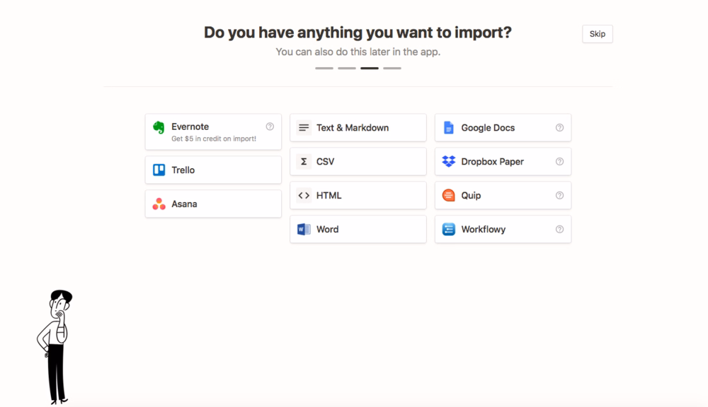 Skip button and copy on Notion’s onboarding screen.