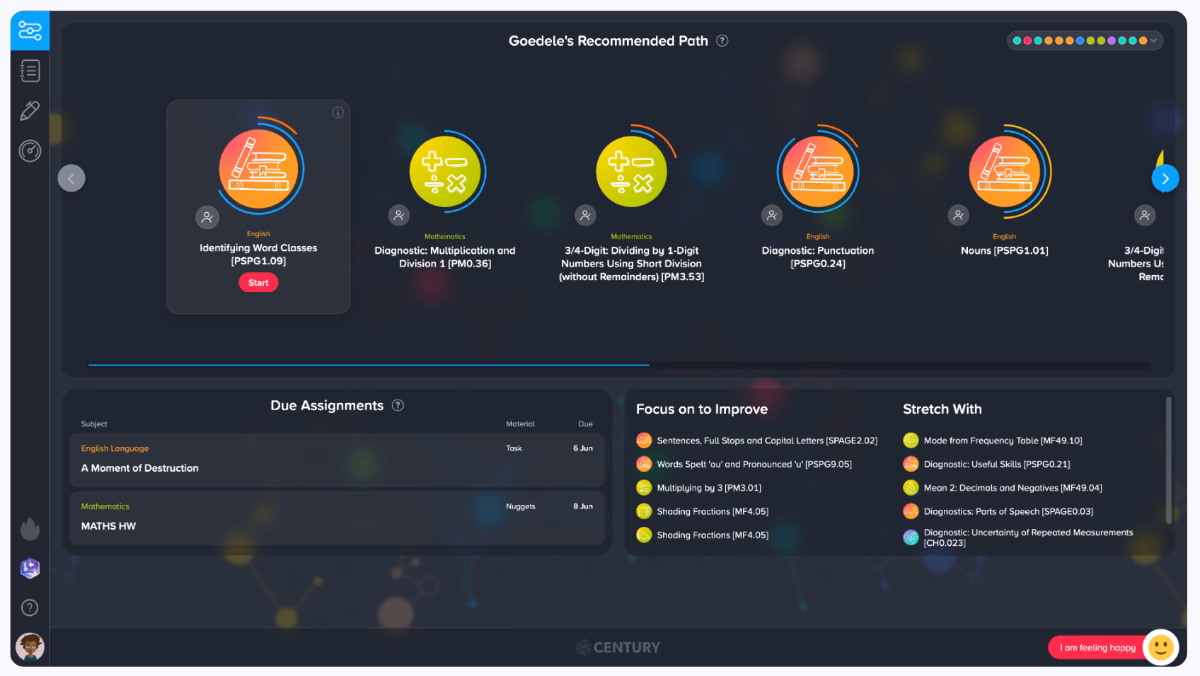 Caminhos de aprendizado personalizados e lição de casa do CENTURY