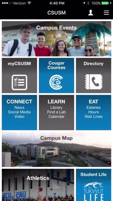 Página inicial do aplicativo móvel da CSUSM