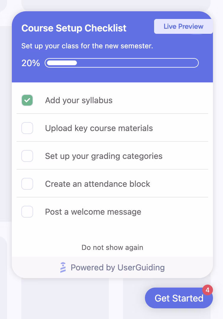 Um checklist de configuração de curso de exemplo, criado com a UserGuiding