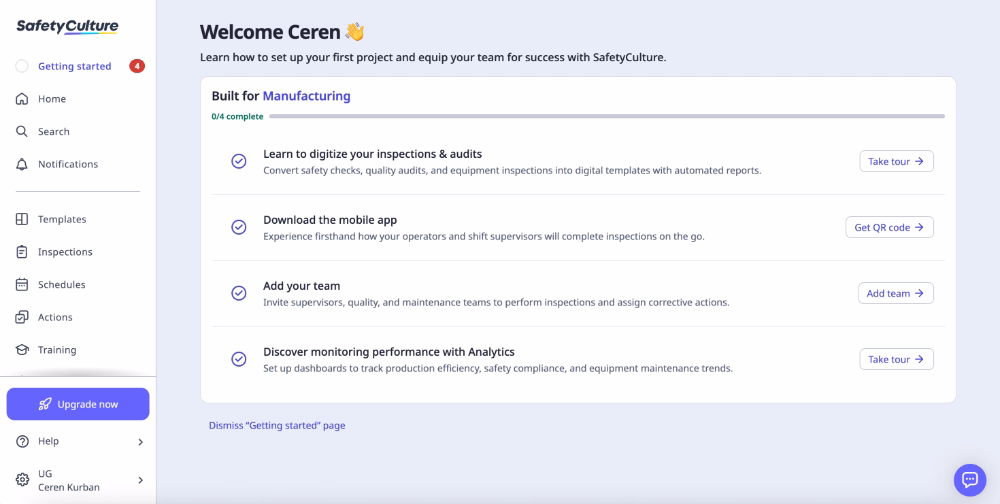 Checklist de onboarding da SafetyCulture para usuários na manufatura