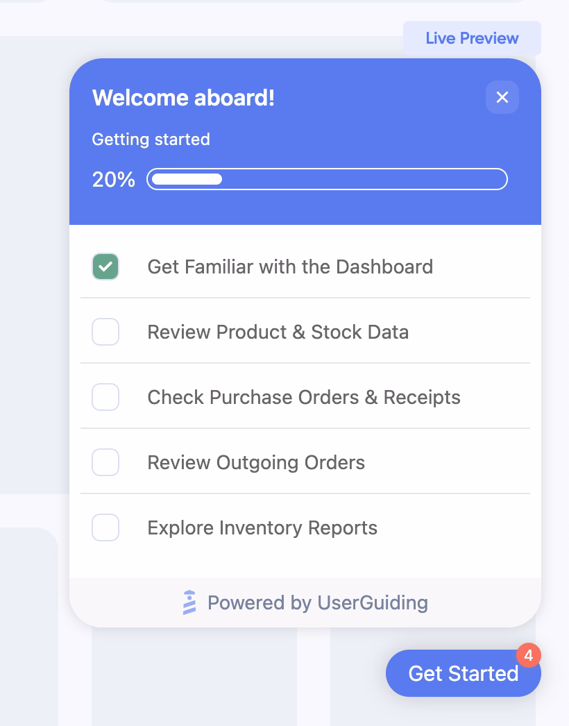 Um checklist de onboarding de exemplo criado com a UserGuiding