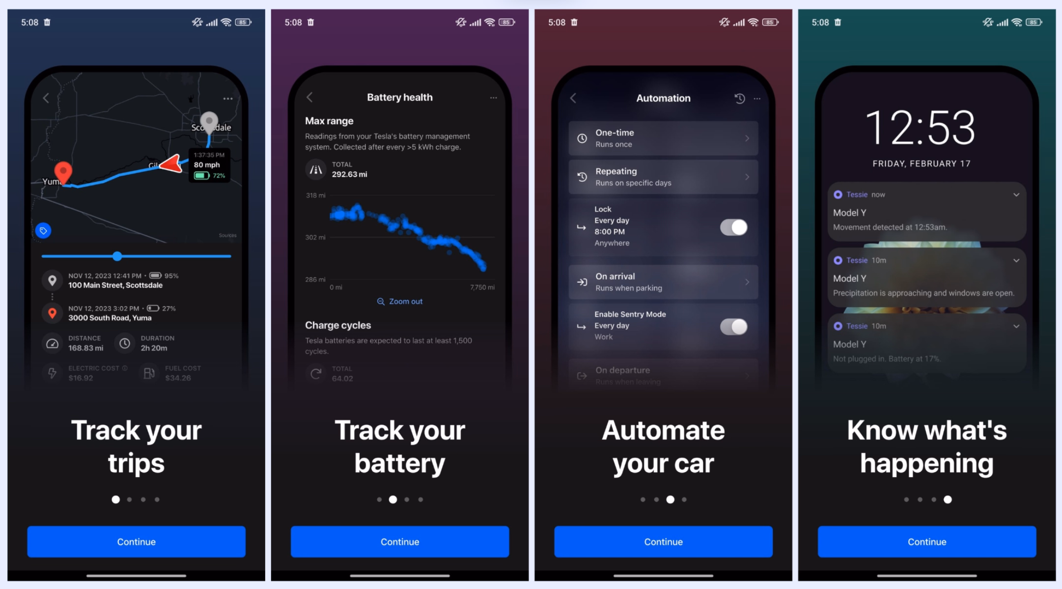 Tesla app’s mobile onboarding carousels.
