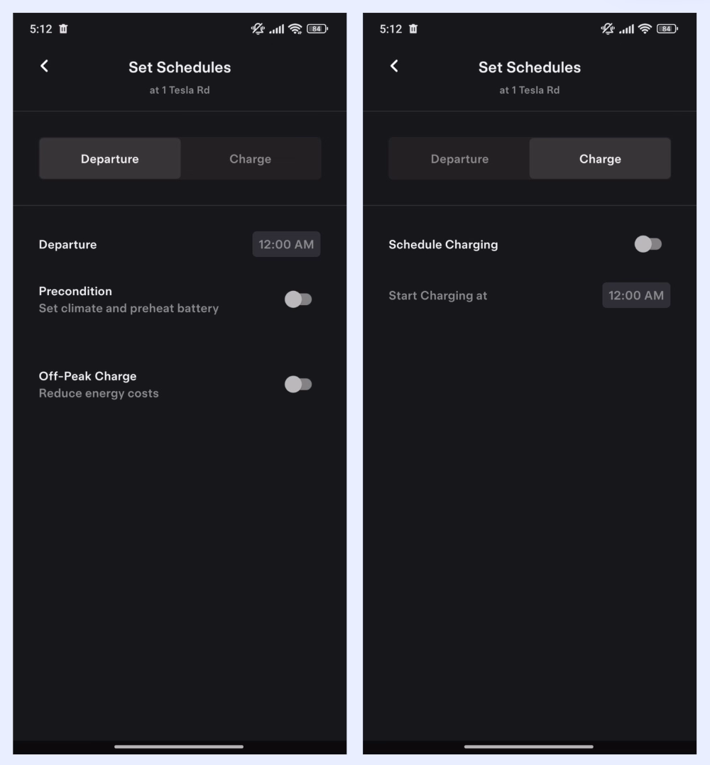 Tesla app’s automation capabilities for departure and charging.