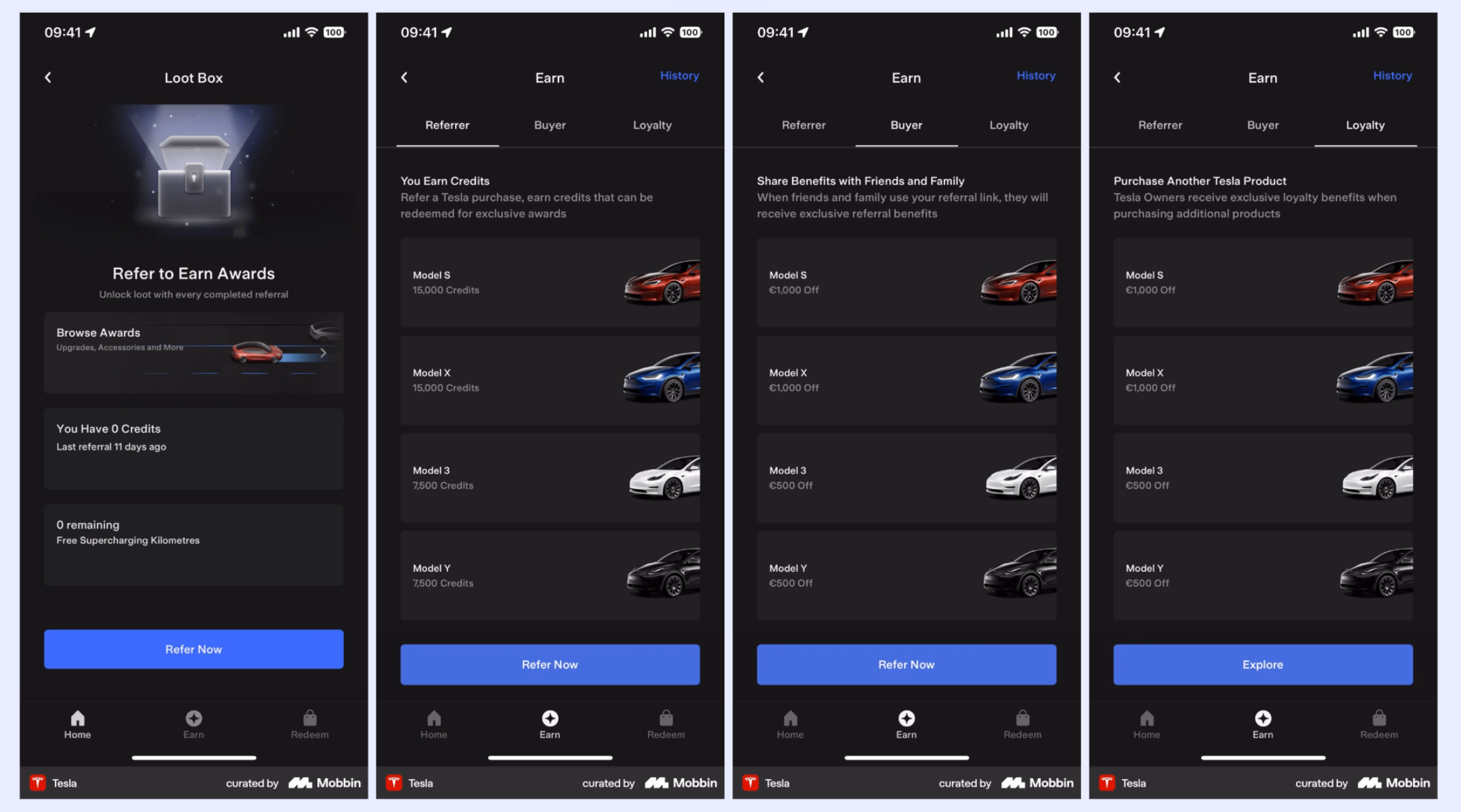 Tesla app’s loyalty program.