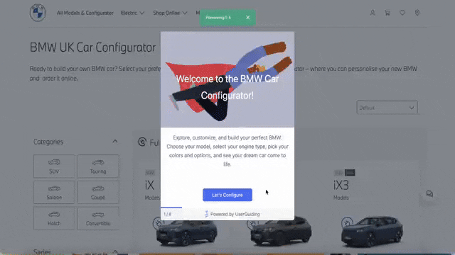 An example interactive guide that explains how to configure and customize a BMW car, created with UserGuiding.
