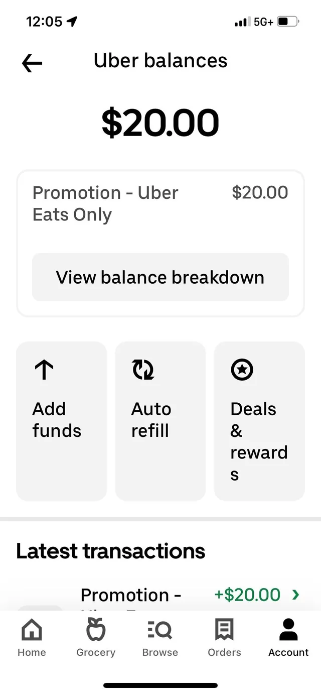 Uber Cash main screen.