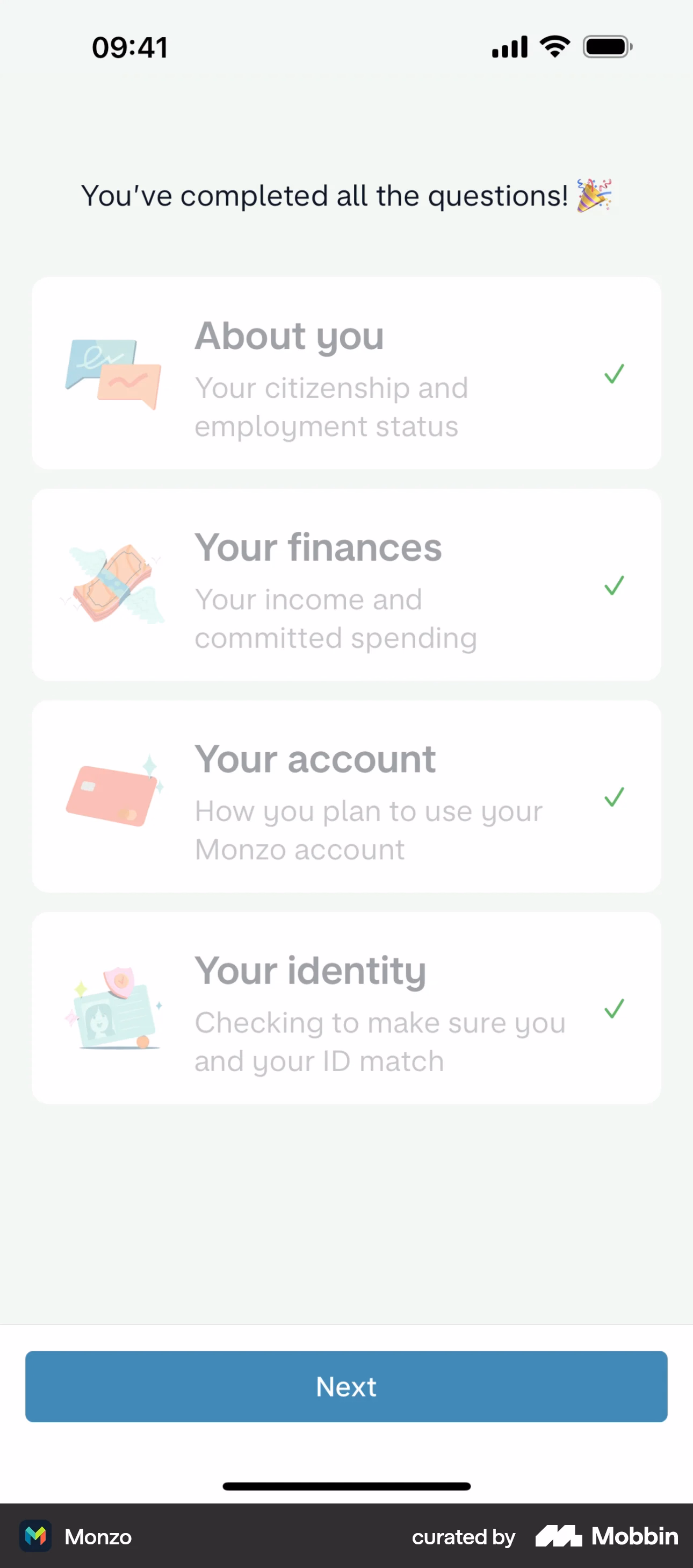 Monzo’s checklist after completing all items.