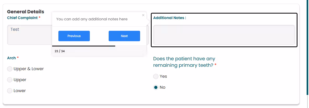 Eon Dental's onboarding guide for adding patient information, tooltip usage.