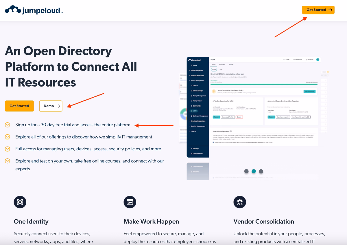 JumpCloud highlights its free trial and demo possibilities on its home page.