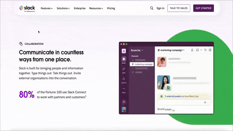 Slack’s value propositions and relevant user statistics.
