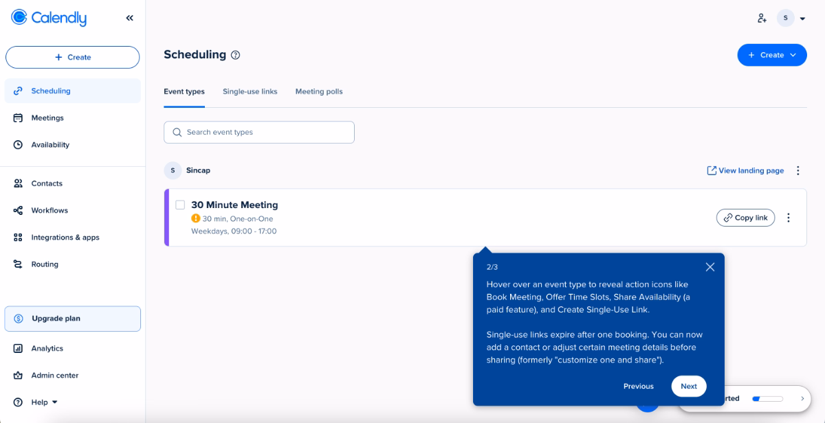 An example tooltip from Calendly’s product tour.