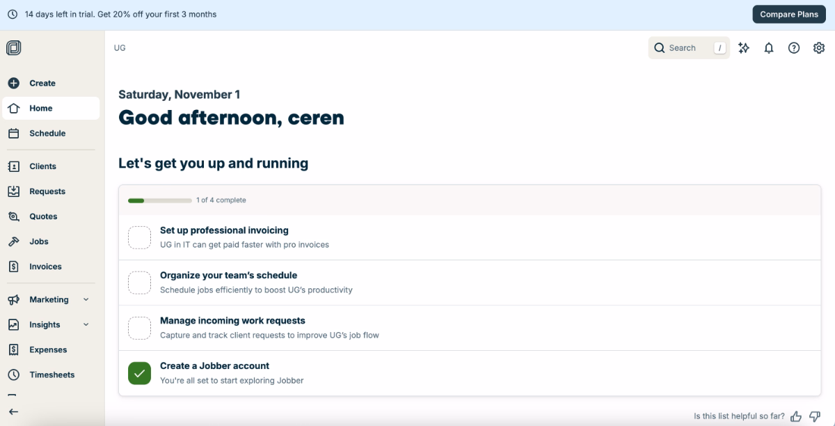 Jobber’s goal-oriented onboarding checklist.
