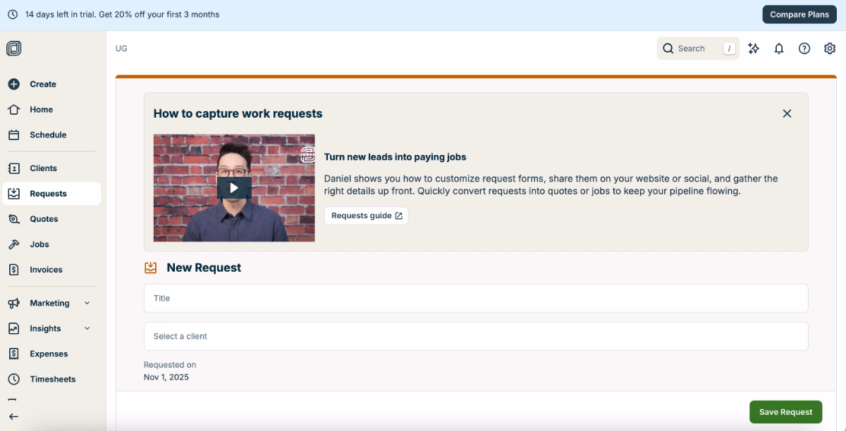 Jobber’s video onboarding modal for work requests.