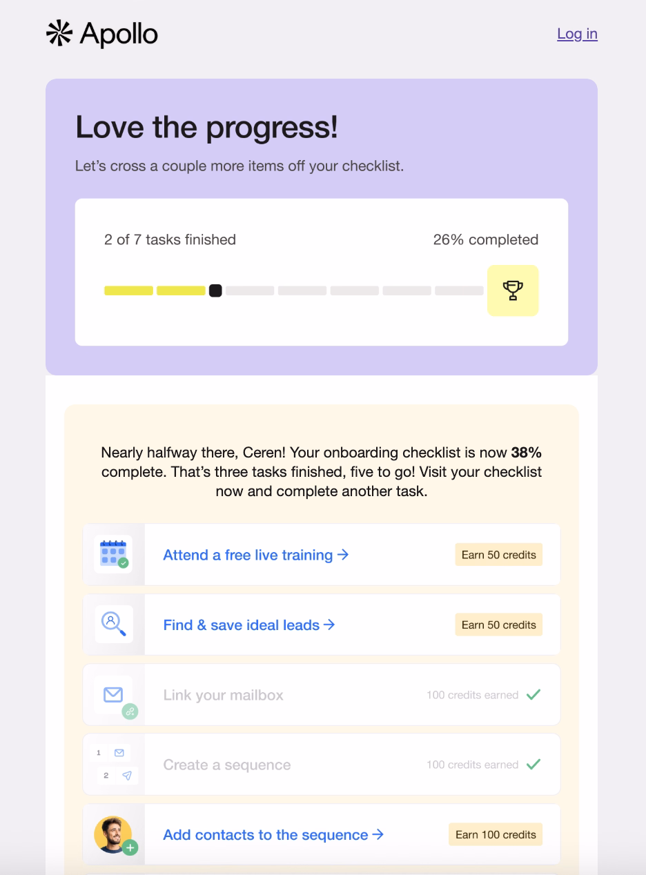 Apollo’s mid-onboarding progress celebration email.