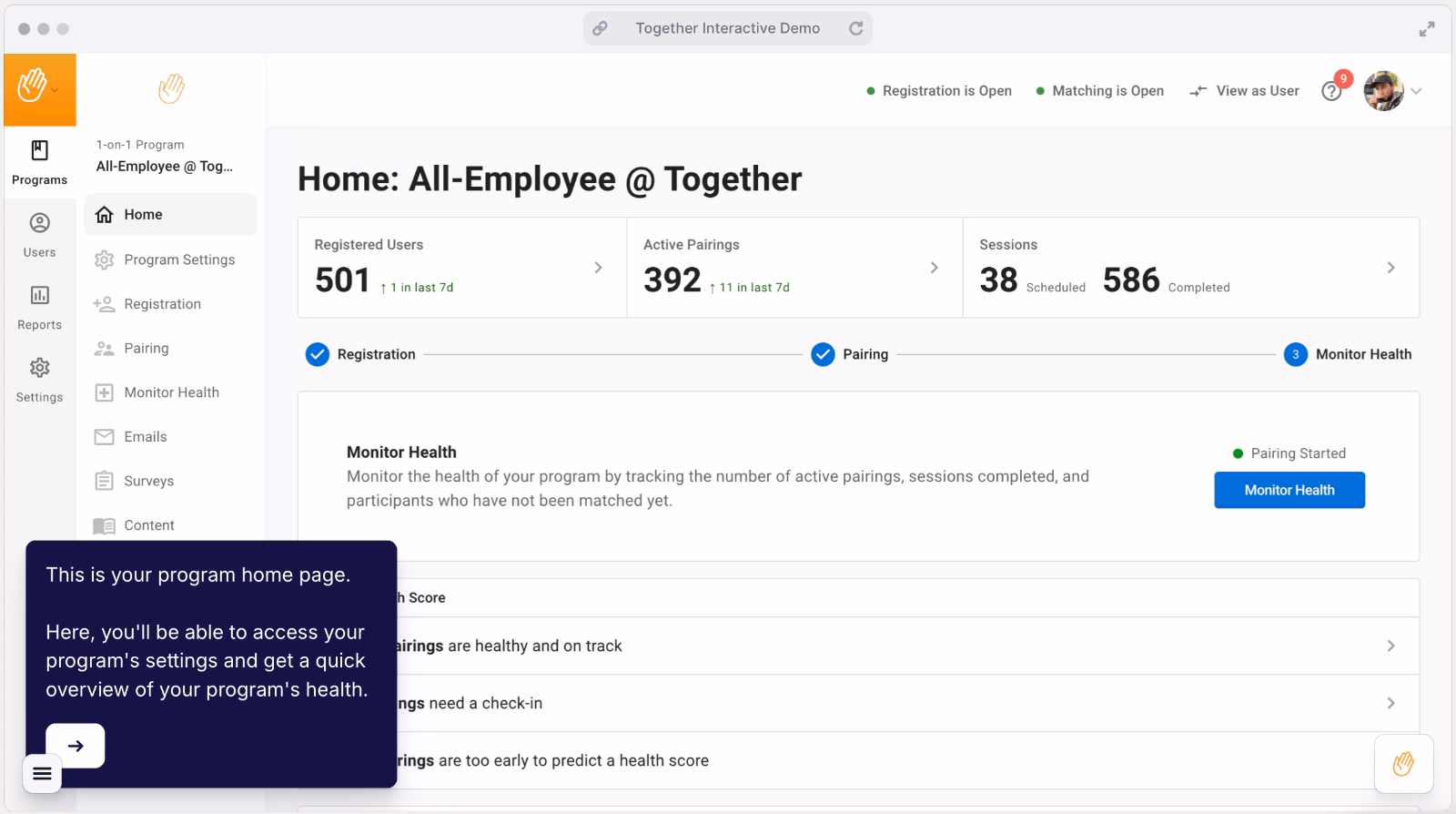 Together Platform’s mentorship program health monitoring screen.