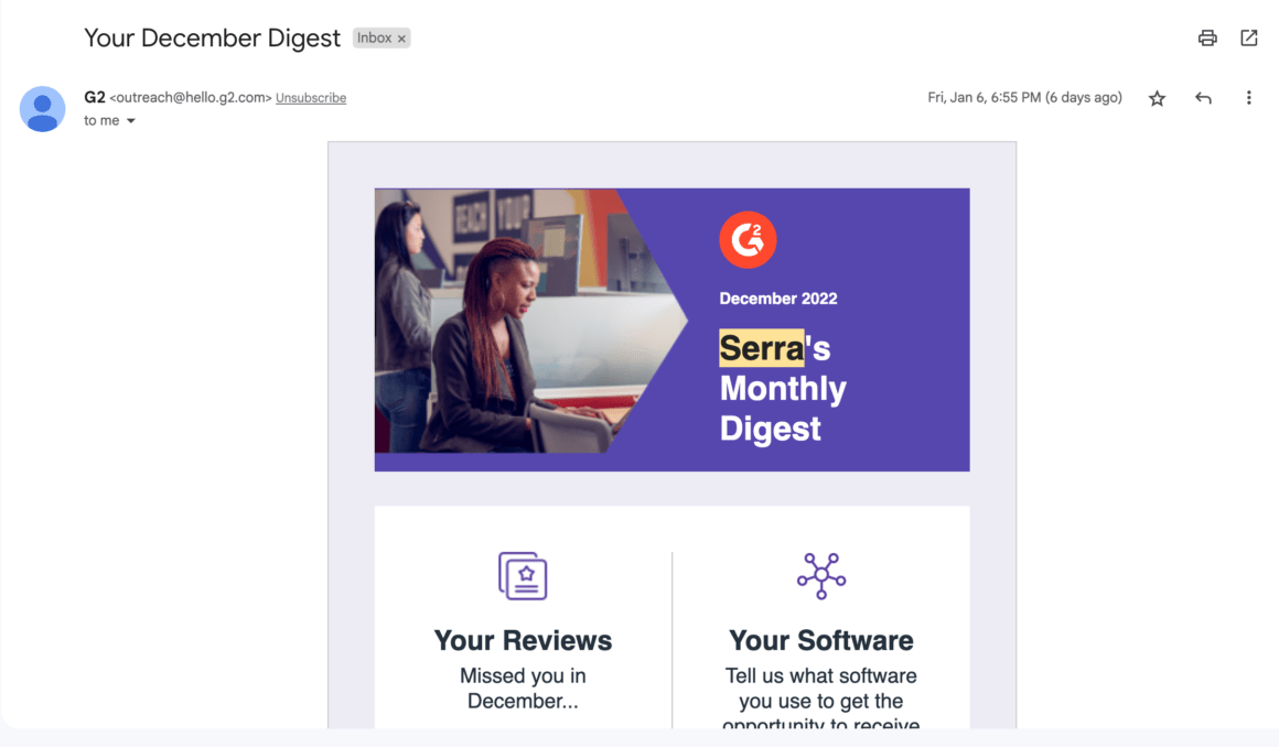 g2 email personalization example client onboarding