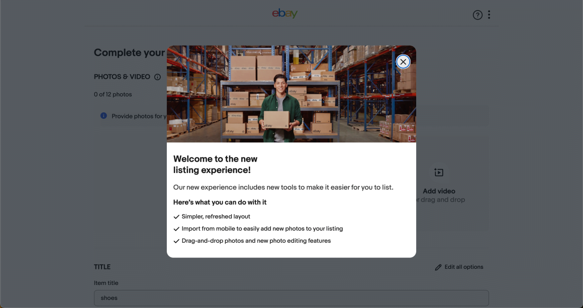seller onboarding ebay modal