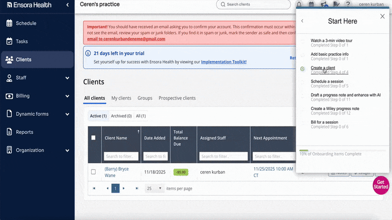 An example interactive tutorial triggered from Ensora Health’s onboarding checklist.
