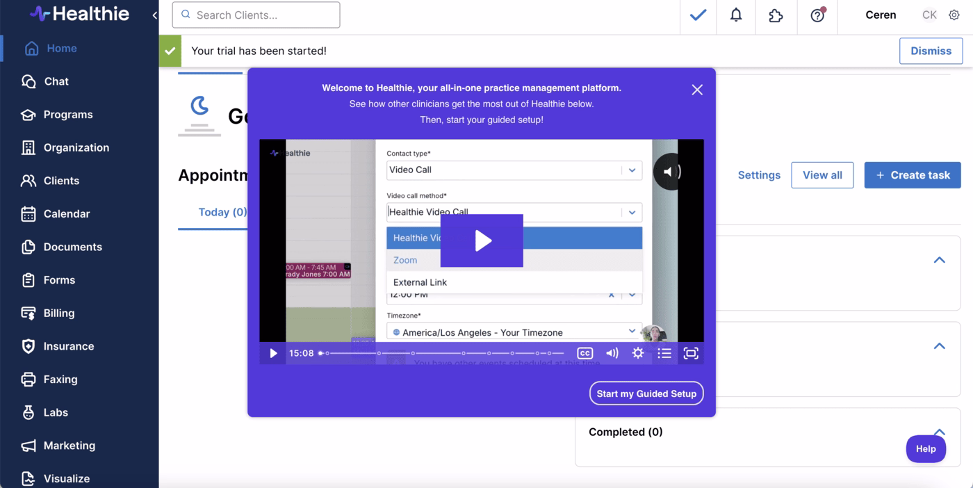 Healthie welcome modal.