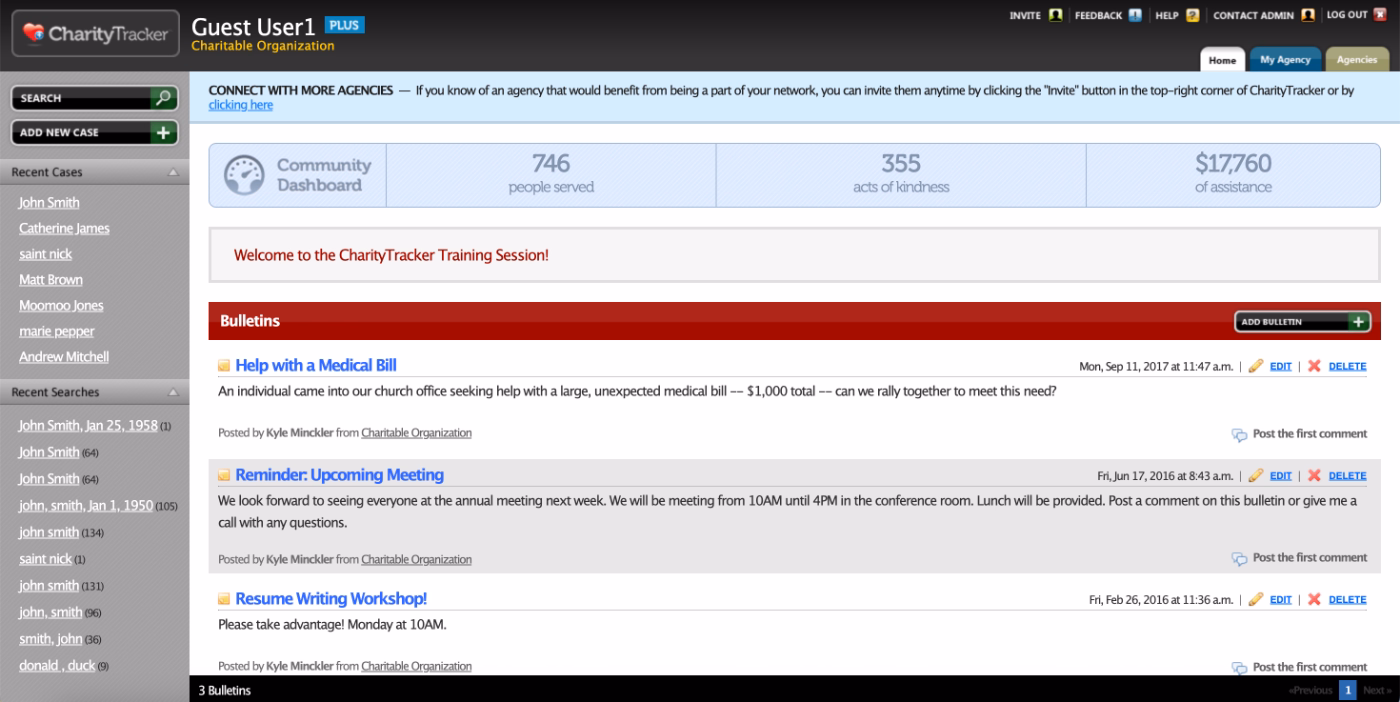 One of Charity Tracker’s demo accounts.