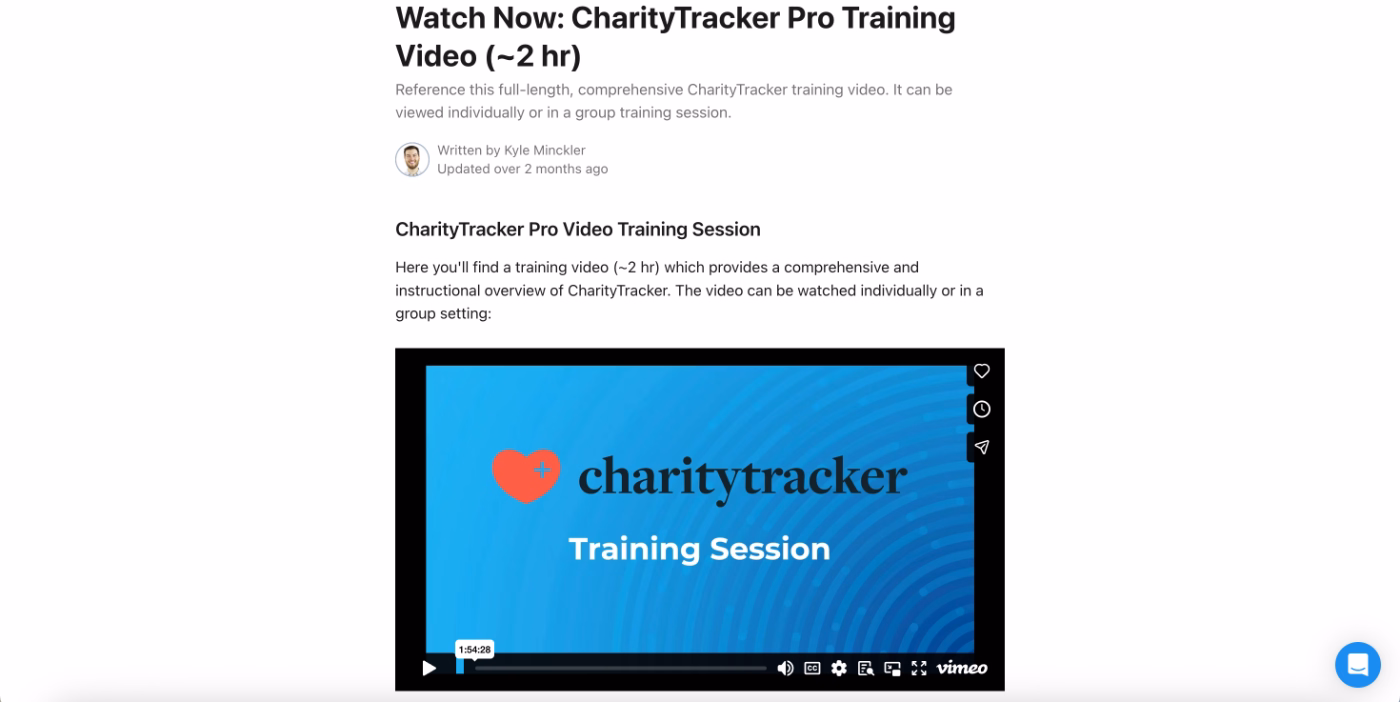 Charity Tracker’s approximately 2-hour-long product tutorial video.
