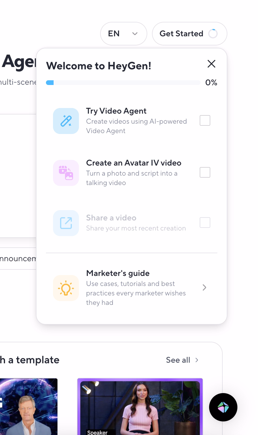 HeyGen’s onboarding checklist.