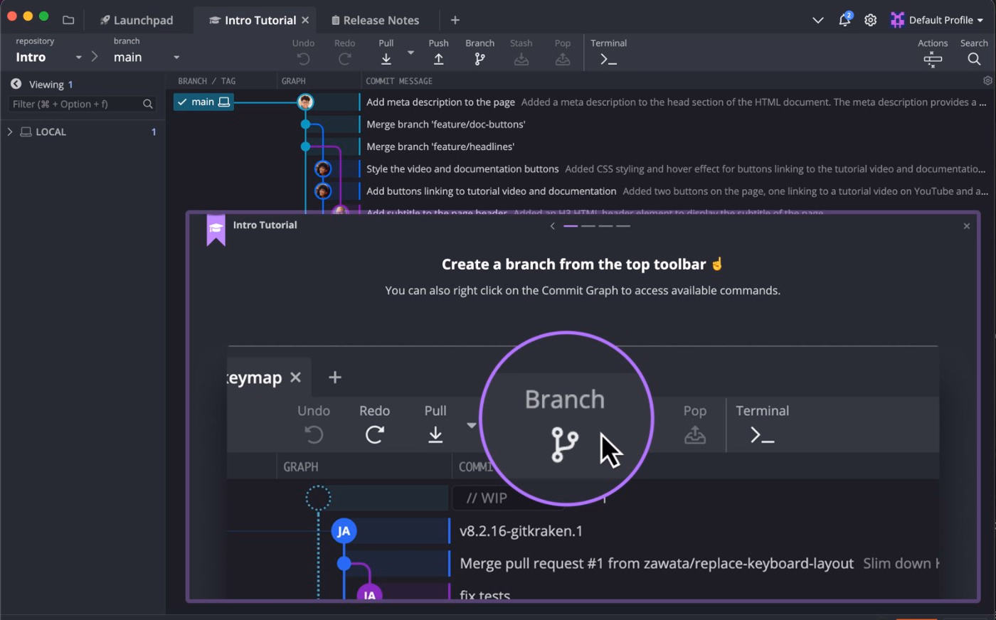 An example step from GitKraken’s tutorial.
