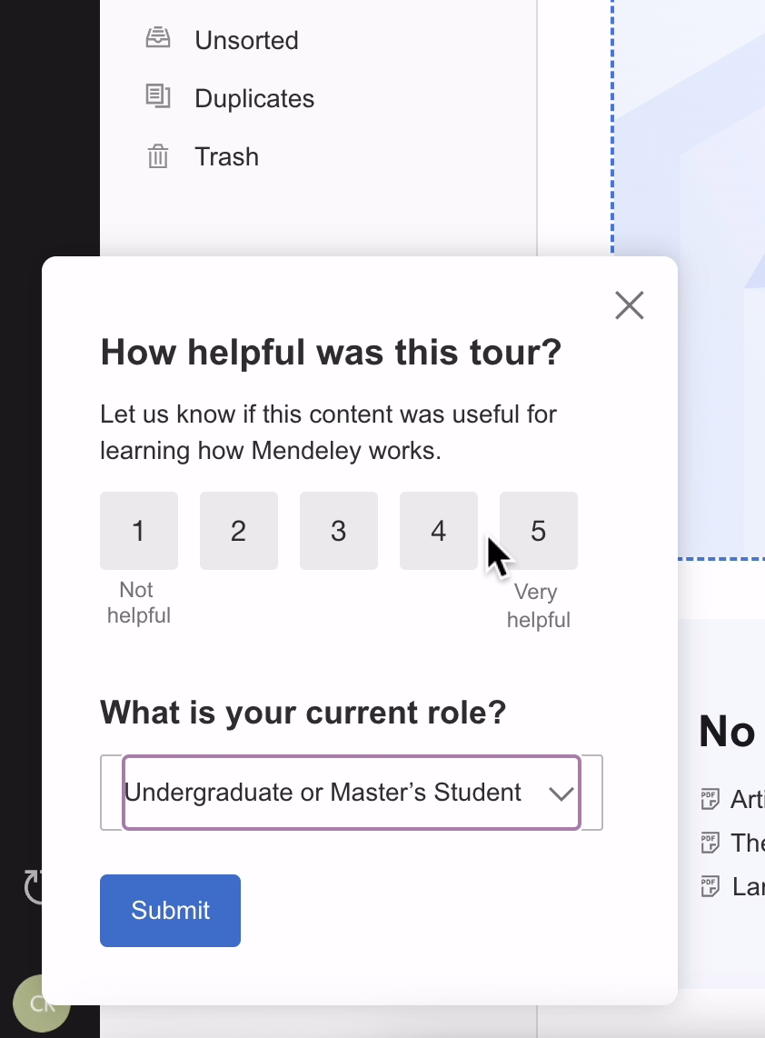 Mendeley’s after-tour feedback survey.